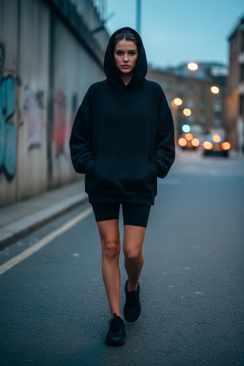 Black oversized hoodie sweatshirt for women and unisex, featuring urban fashion and streetwear style from Craftklart, spring 2026 collection.