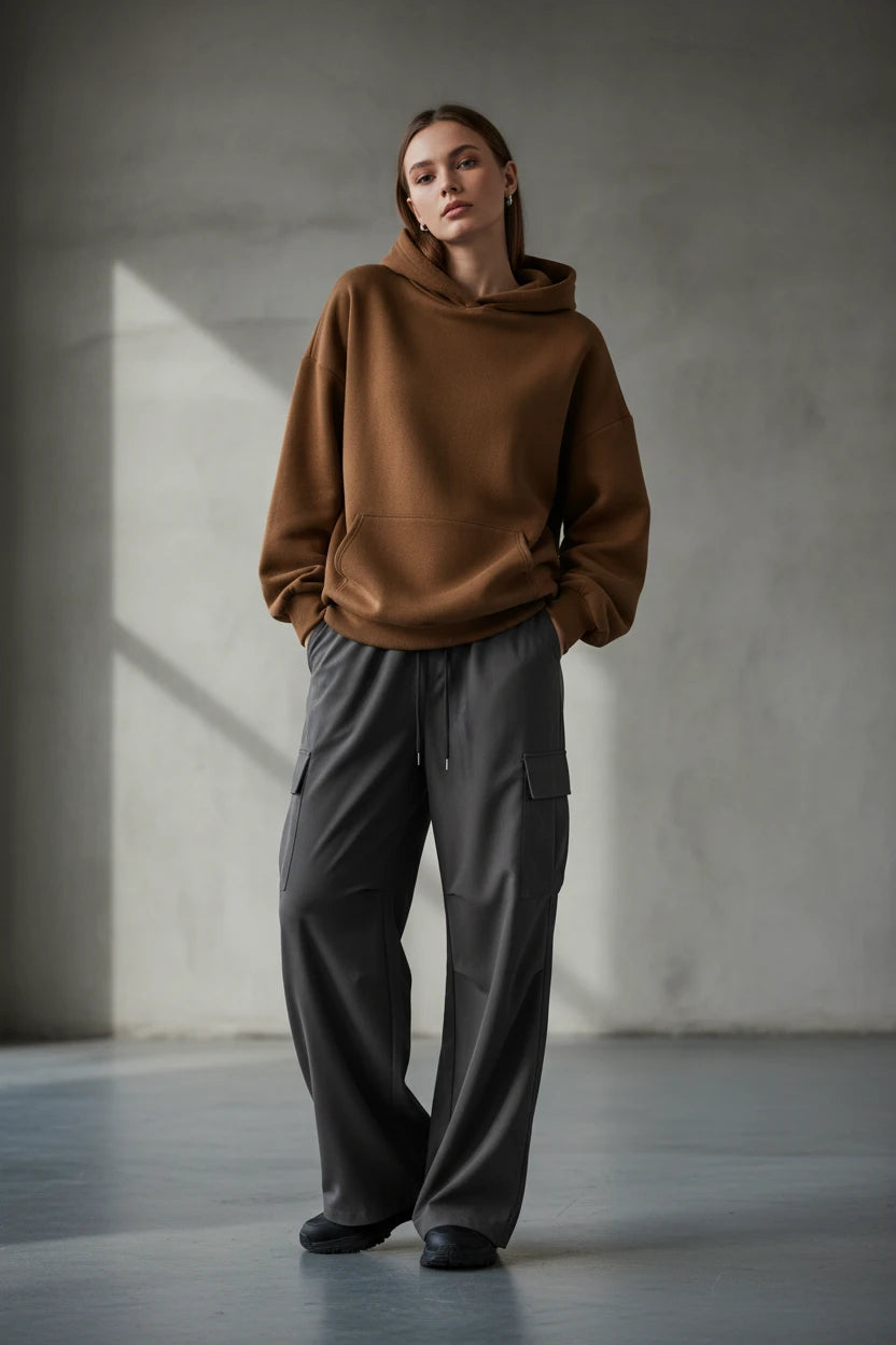 Black 2026 Spring unisex oversized hoodie sweatshirt, urban streetwear style, loose fit, casual fit, front pocket, long sleeves.