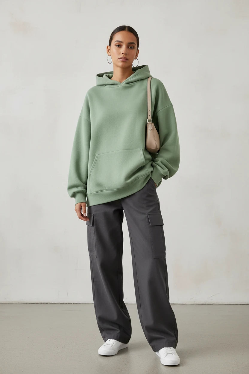 Black oversized hoodie sweatshirt for women, unisex spring 2026 collection by Urban Fashion & Streetwear, casual street style.
