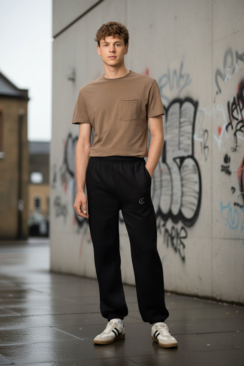Black heavyweight CKL Urban Authority sweatpants with relaxed fit fleece joggers, featuring an urban streetwear style.
