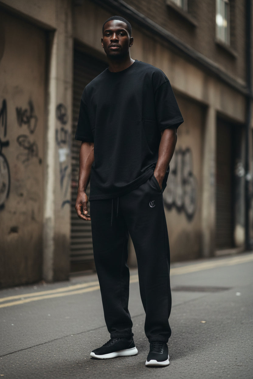 Black heavyweight CKL Urban Authority sweatpants with a relaxed fit, fleece material, featuring streetwear-inspired design.
