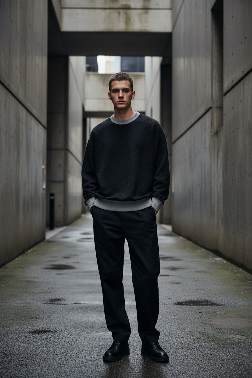 Urban Custom relaxed fit knitted crew neck sweater, cozy jumper in urban fashion and streetwear style, shown in image.