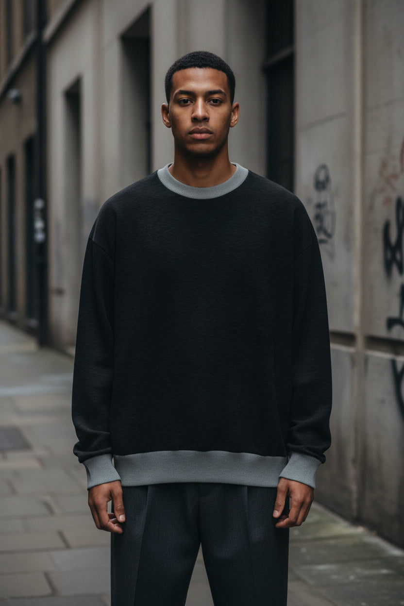 Relaxed fit knitted crew neck sweater by Urban Fashion & Streetwear, showing a stylish jumper in a casual urban style.