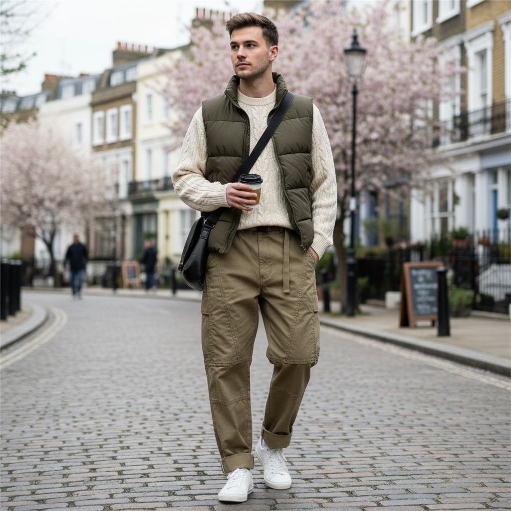 Urban Fashion & Streetwear | Craftklart men's khaki cotton cargo pants with integrated belt worn on a city street
