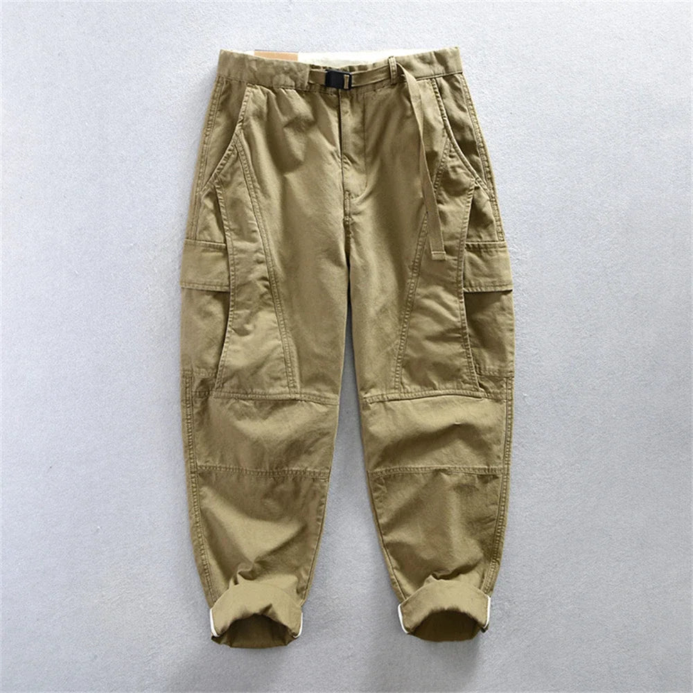 Urban Fashion & Streetwear | Craftklart khaki cotton cargo pants with utility pockets and an integrated belt.