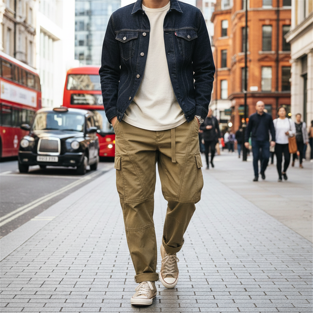 Urban Fashion & Streetwear | Craftklart khaki cotton cargo pants with integrated belt worn on a city street
