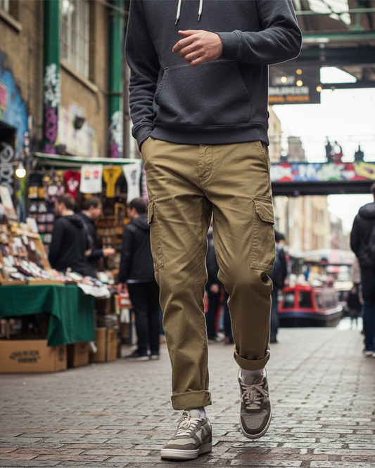 Urban Fashion & Streetwear | Craftklart men's khaki cotton cargo pants with side pockets and a relaxed fit in a city