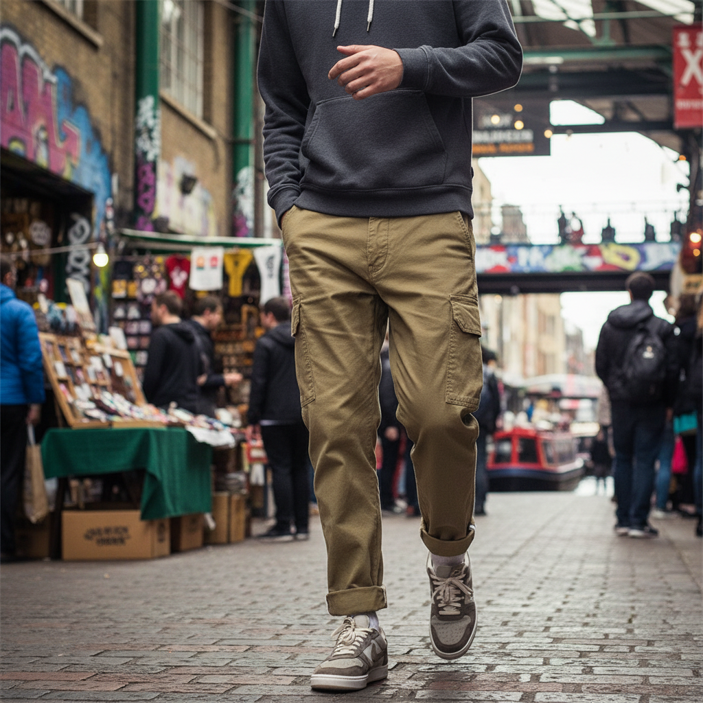 Urban Fashion & Streetwear | Craftklart men's khaki cotton cargo pants with side pockets and a relaxed fit in a city