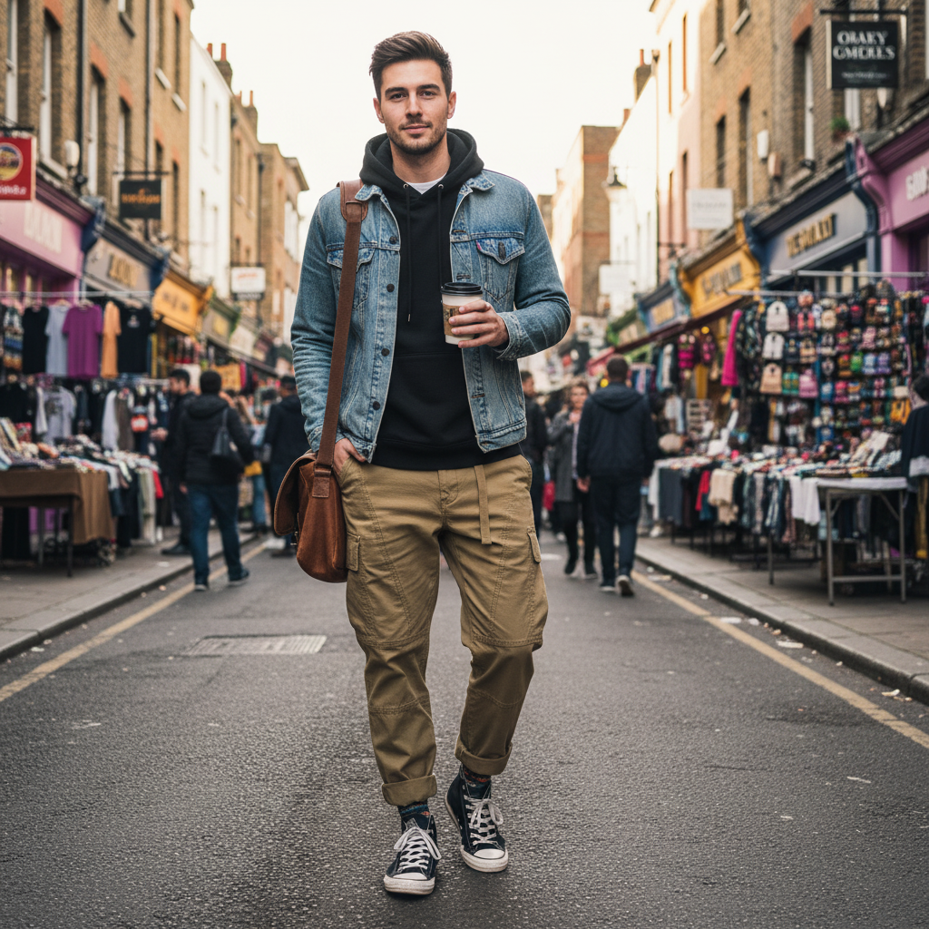 Urban Fashion & Streetwear | Craftklart men's khaki cotton cargo pants with integrated belt, worn on a city street.
