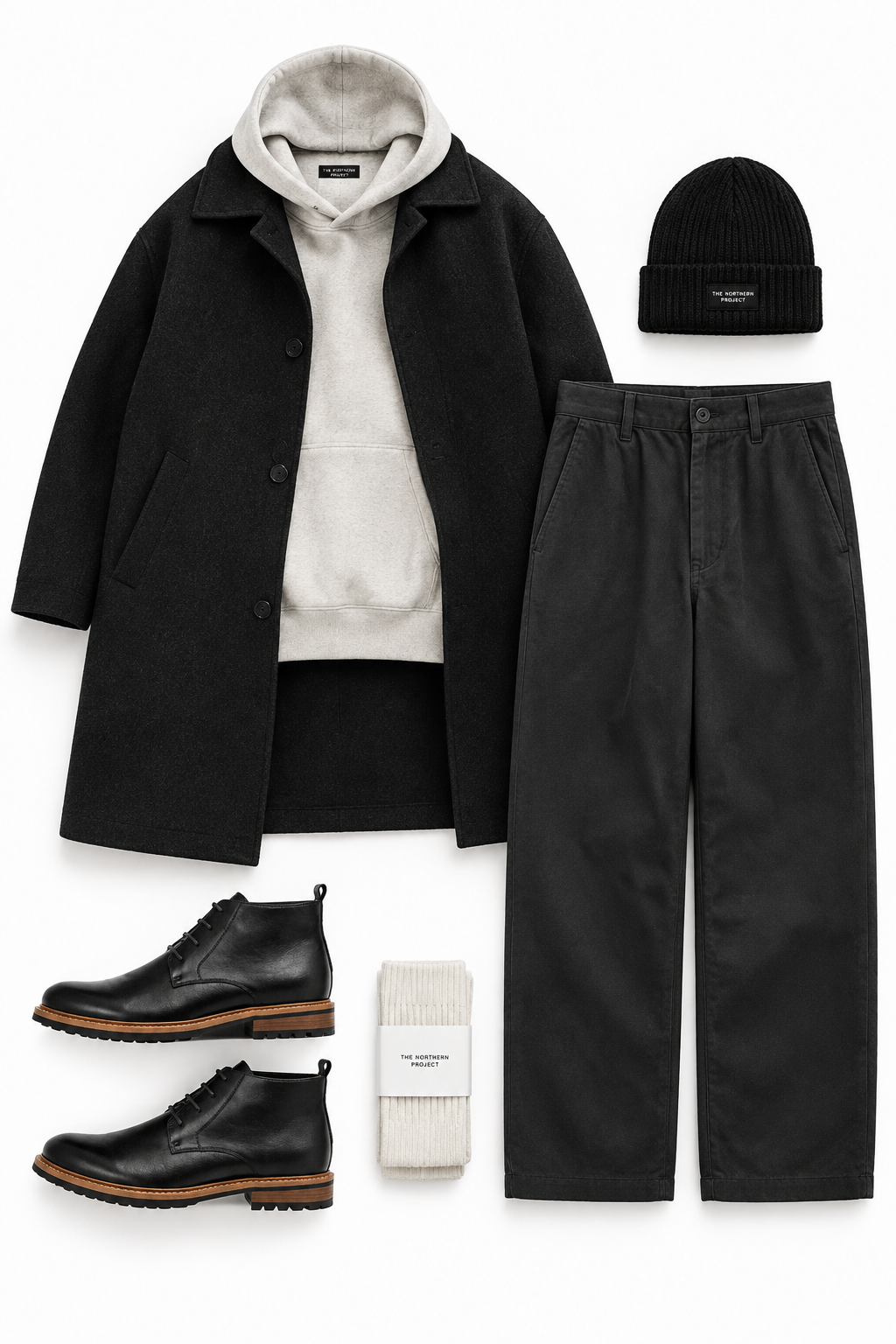 Urban Fashion & Streetwear | Craftklart leather work boots styled with a black coat, hoodie, trousers, and beanie.