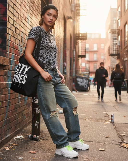 Urban Fashion & Streetwear | Craftklart leopard gray cotton-spandex crop t-shirt worn by a woman in an urban alley
