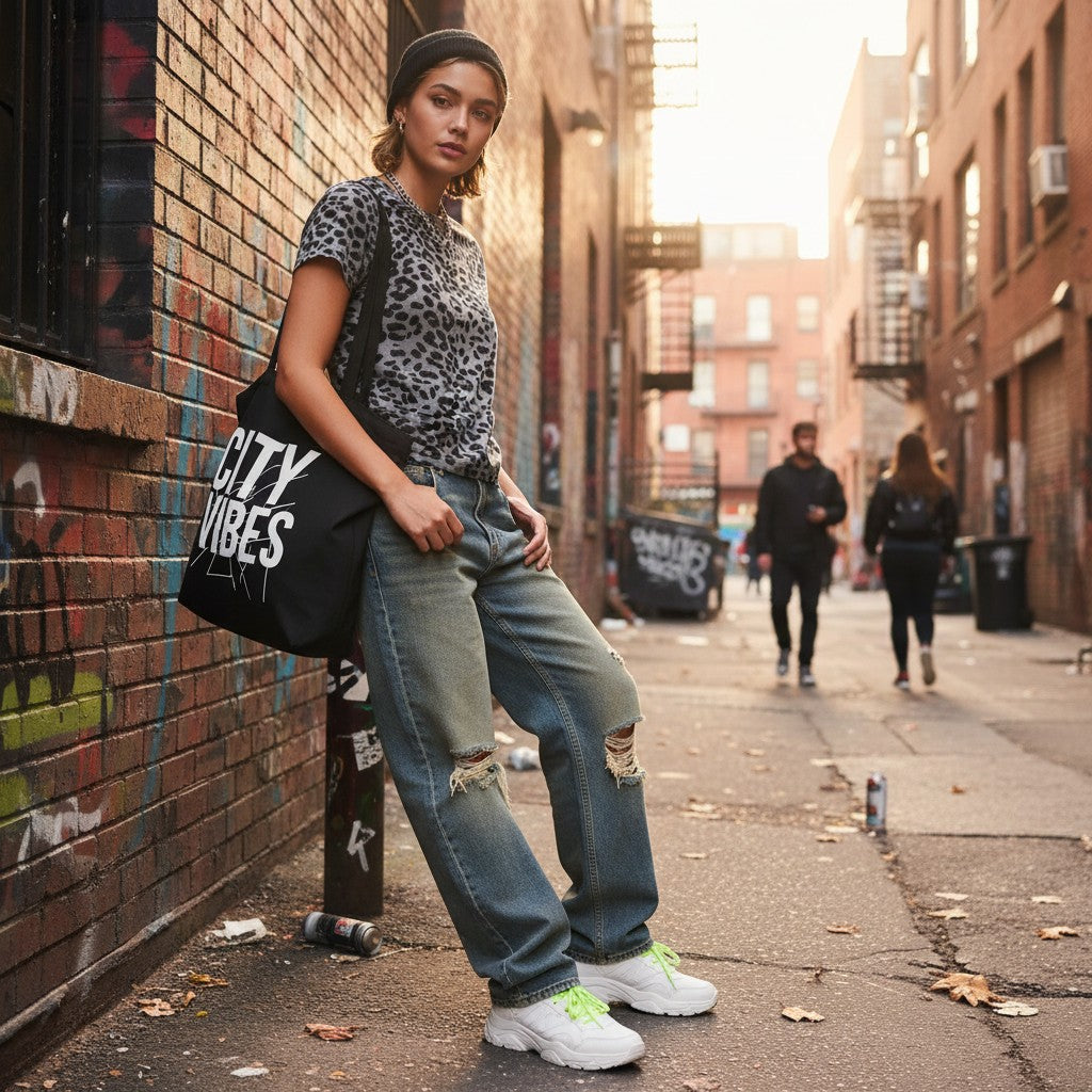 Urban Fashion & Streetwear | Craftklart leopard gray cotton-spandex crop t-shirt worn by a woman in an urban alley