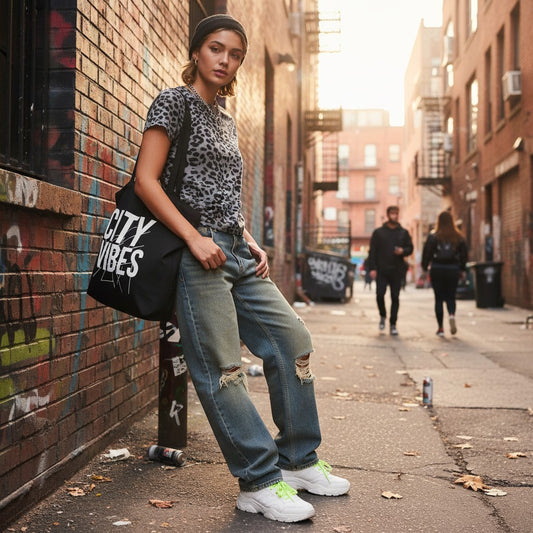 Urban Fashion & Streetwear | Craftklart leopard gray cotton-spandex crop t-shirt worn by a woman in an urban alley