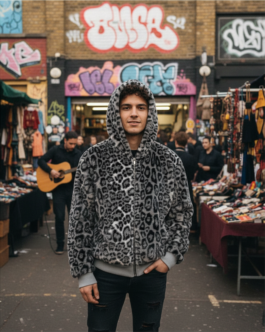 Urban Fashion & Streetwear | Craftklart reversible faux fur zip-up hoodie with grey leopard print in a city market