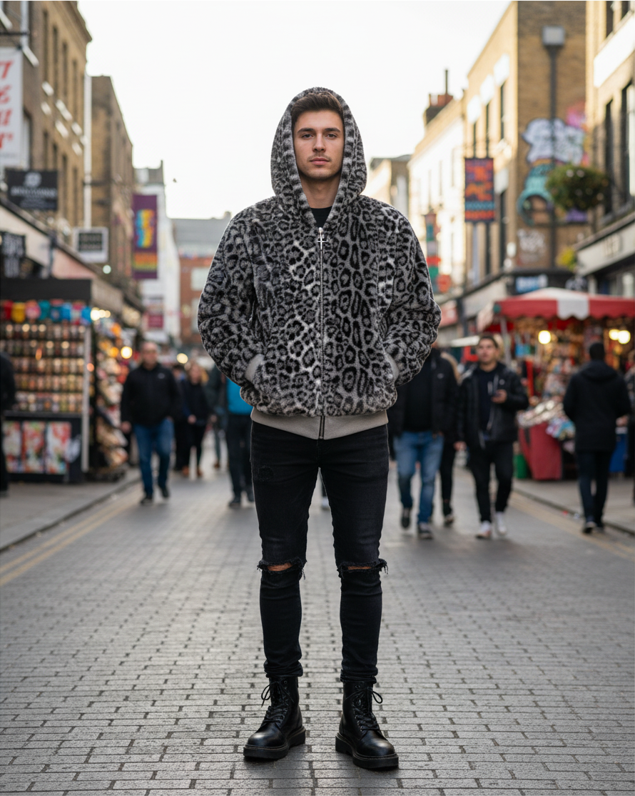 Urban Fashion & Streetwear | Craftklart reversible leopard print faux fur zip-up hoodie worn by a man on a city street