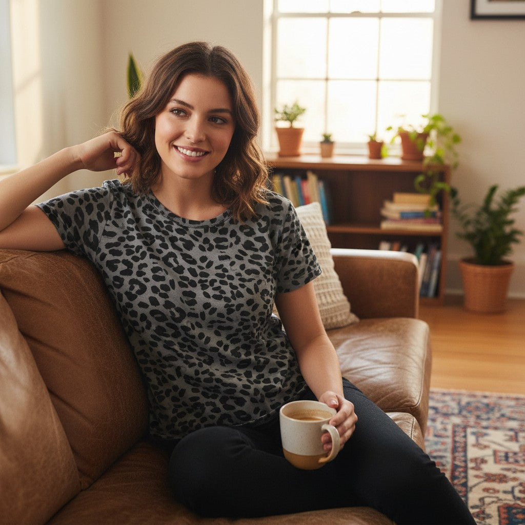 Woman wearing a Craftklart leopard gray crop t-shirt while relaxing on a leather sofa with a coffee mug.