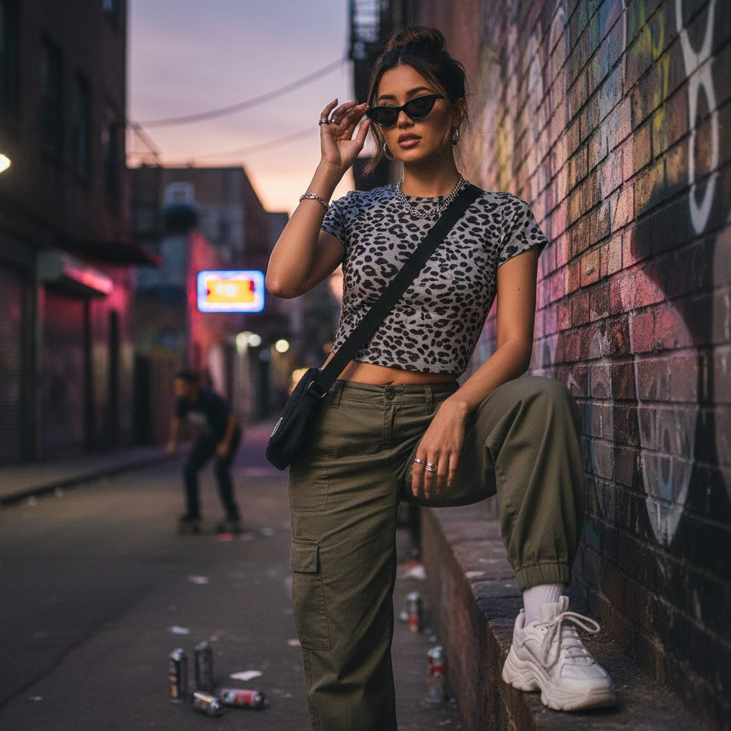 Urban Fashion & Streetwear | Craftklart leopard gray bodycon crop t-shirt worn by a woman in an urban alleyway.