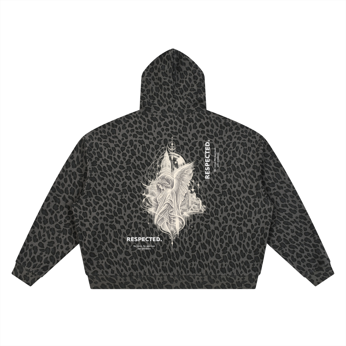 Back view of Urban Fashion & Streetwear | Craftklart leopard print waffle-knit zip-up hoodie with angel graphic