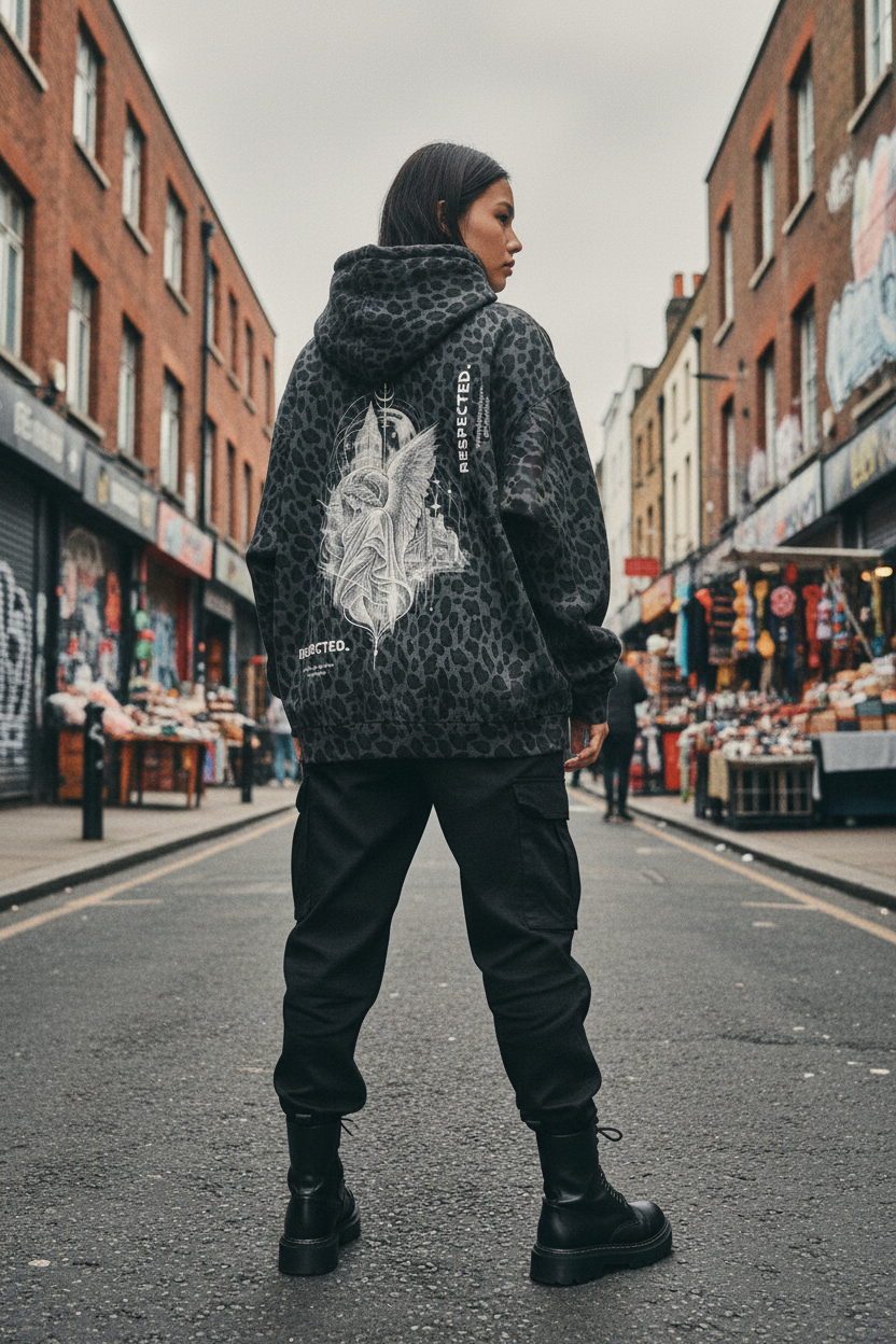 Craftklart Graphic Zip-Up Hoodie — Urban Leopard Print Waffle Knit