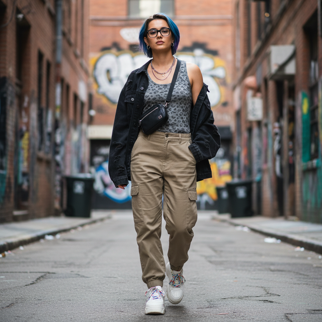 Urban Fashion & Streetwear | Craftklart leopard print tank top worn by a woman in a city alley with a black jacket.