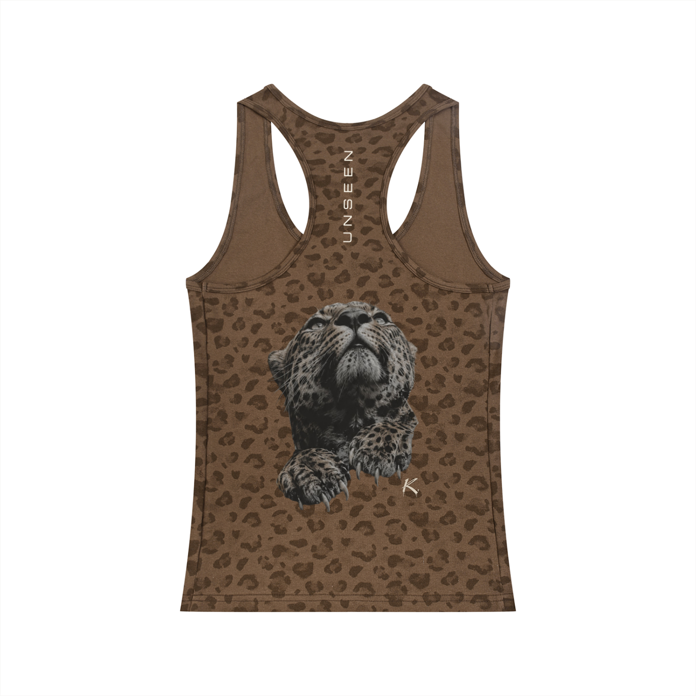 Urban Fashion & Streetwear | Craftklart brown leopard print cotton blend racerback tank top with a leopard graphic.