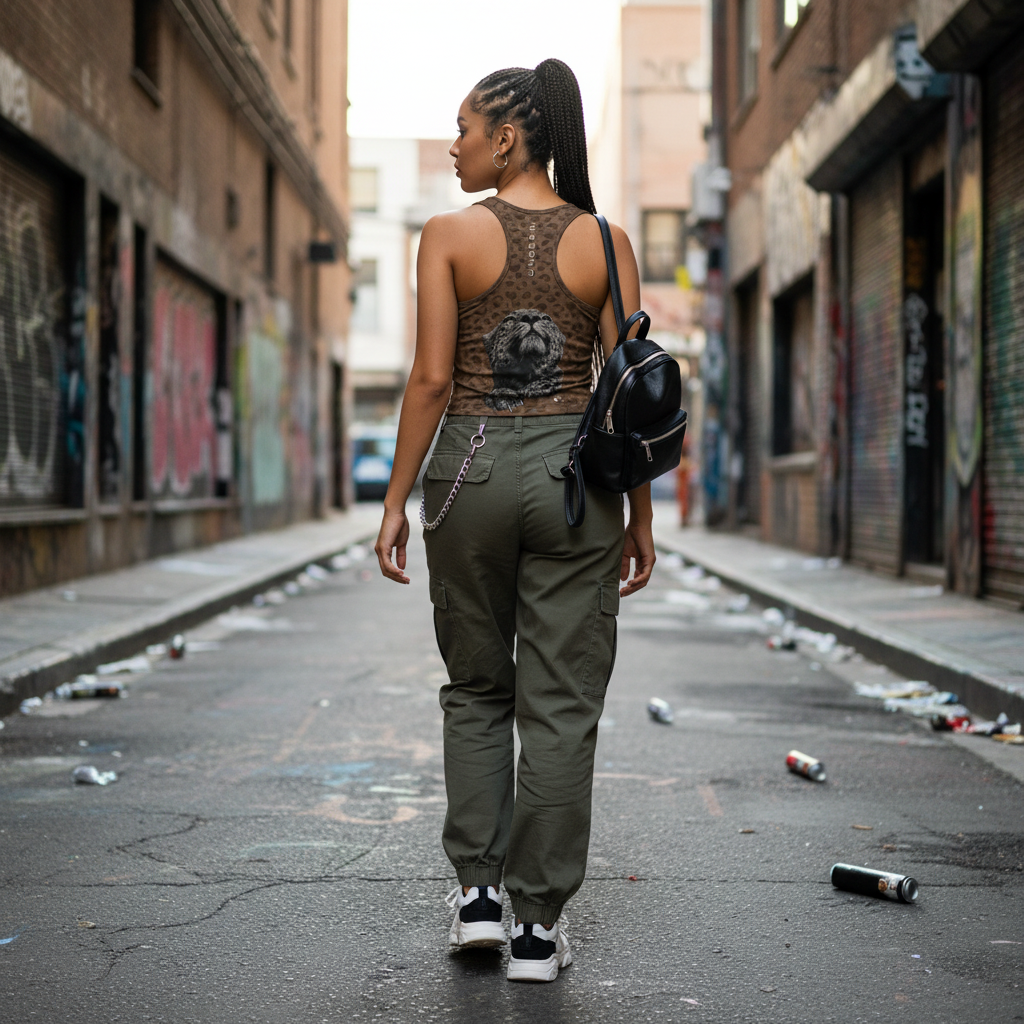 Woman wearing an Urban Fashion & Streetwear | Craftklart leopard print tank top and olive cargo pants in an alleyway.