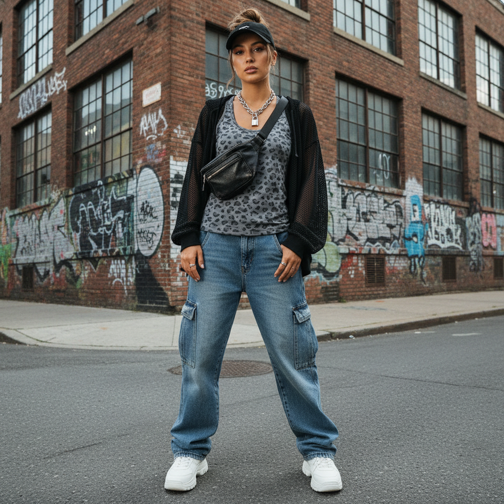 Urban Fashion & Streetwear | Craftklart leopard print tank top worn by a woman with cargo jeans and mesh jacket.