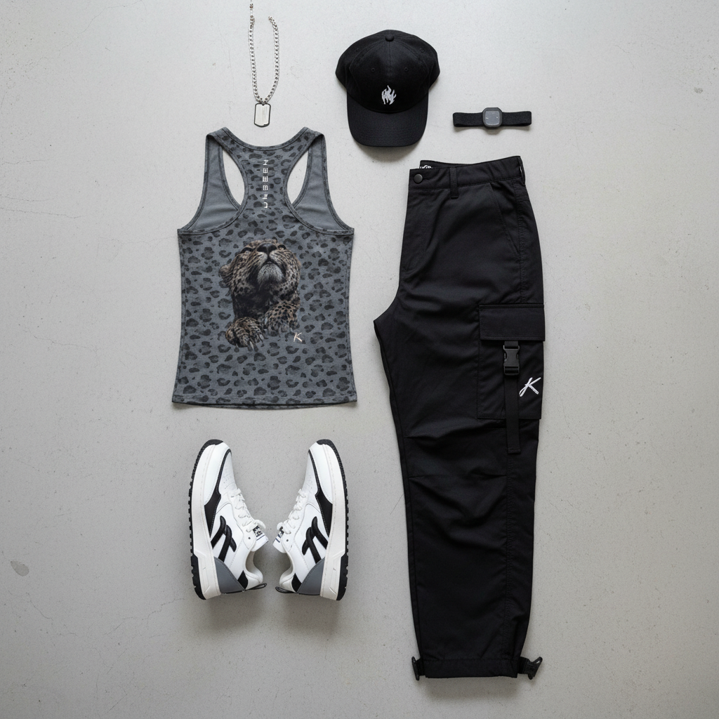 Urban Fashion & Streetwear | Craftklart leopard print tank top styled with black cargo pants, cap, and sneakers.