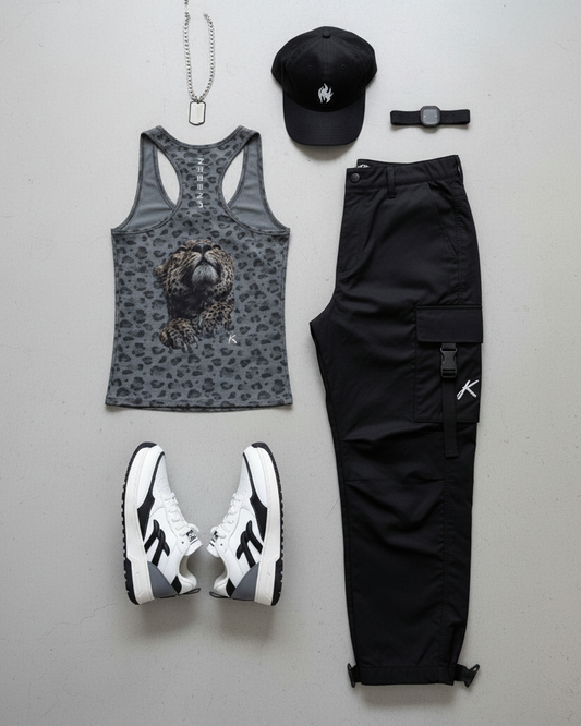 Urban Fashion & Streetwear | Craftklart grey leopard print tank top with U-neck, styled with black cargo pants.