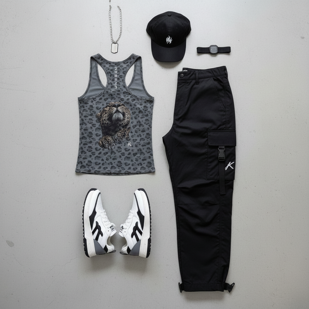 Urban Fashion & Streetwear | Craftklart grey leopard print tank top with U-neck, styled with black cargo pants.