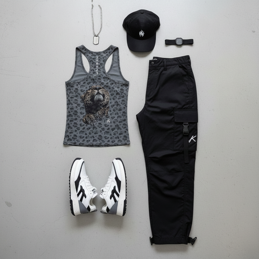 Urban Fashion & Streetwear | Craftklart grey leopard print tank top with U-neck, styled with black cargo pants.