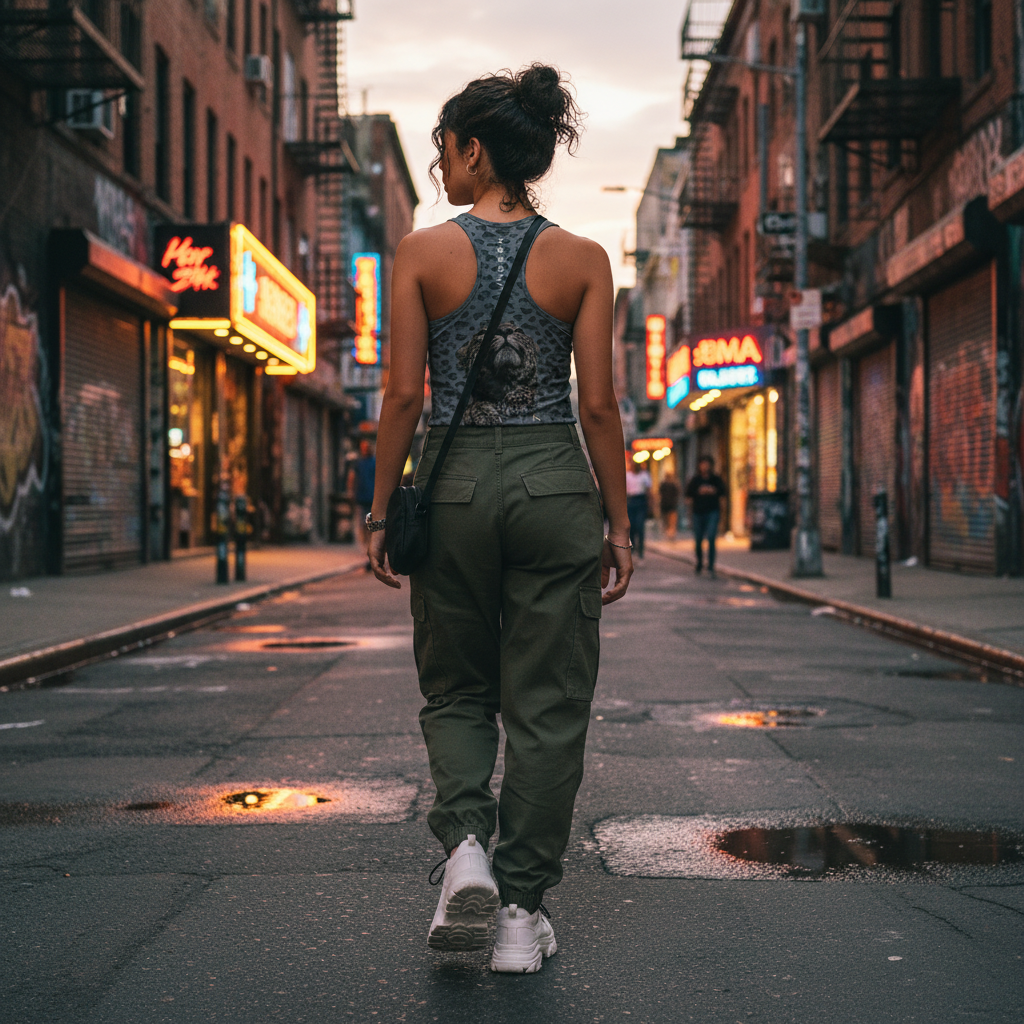 Urban Fashion & Streetwear | Craftklart leopard print tank top worn by a woman walking down a city street at dusk.