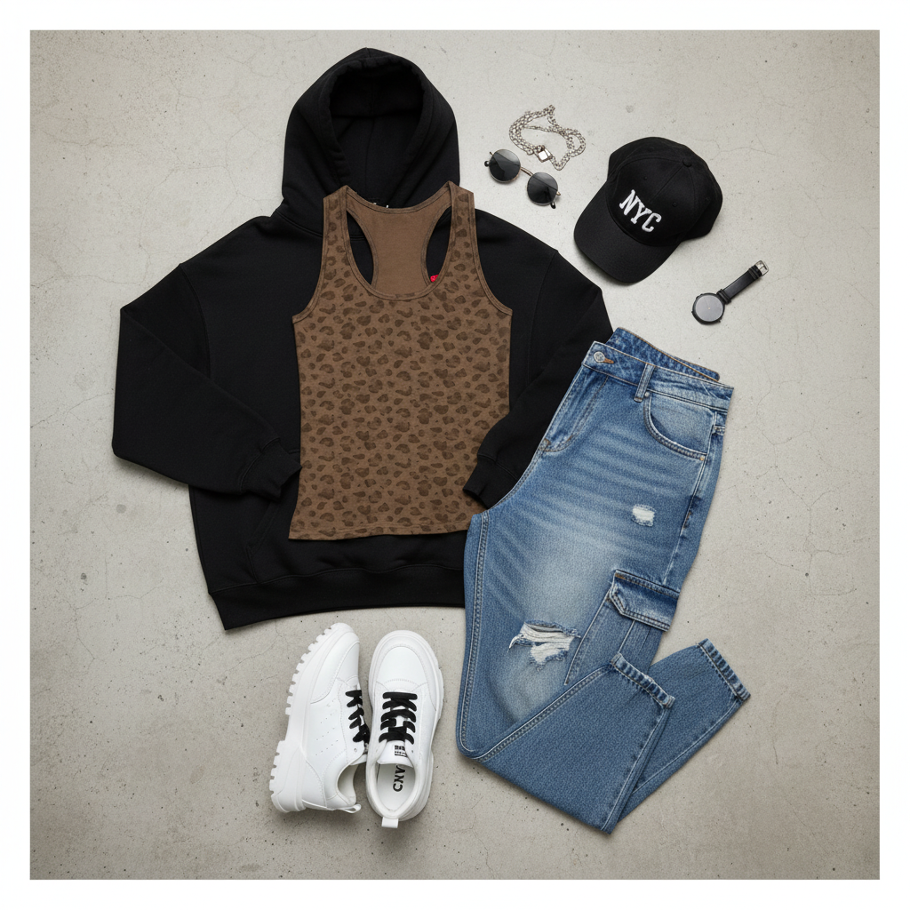 Urban Fashion & Streetwear | Craftklart leopard print tank top styled with a black hoodie, jeans, and white sneakers.