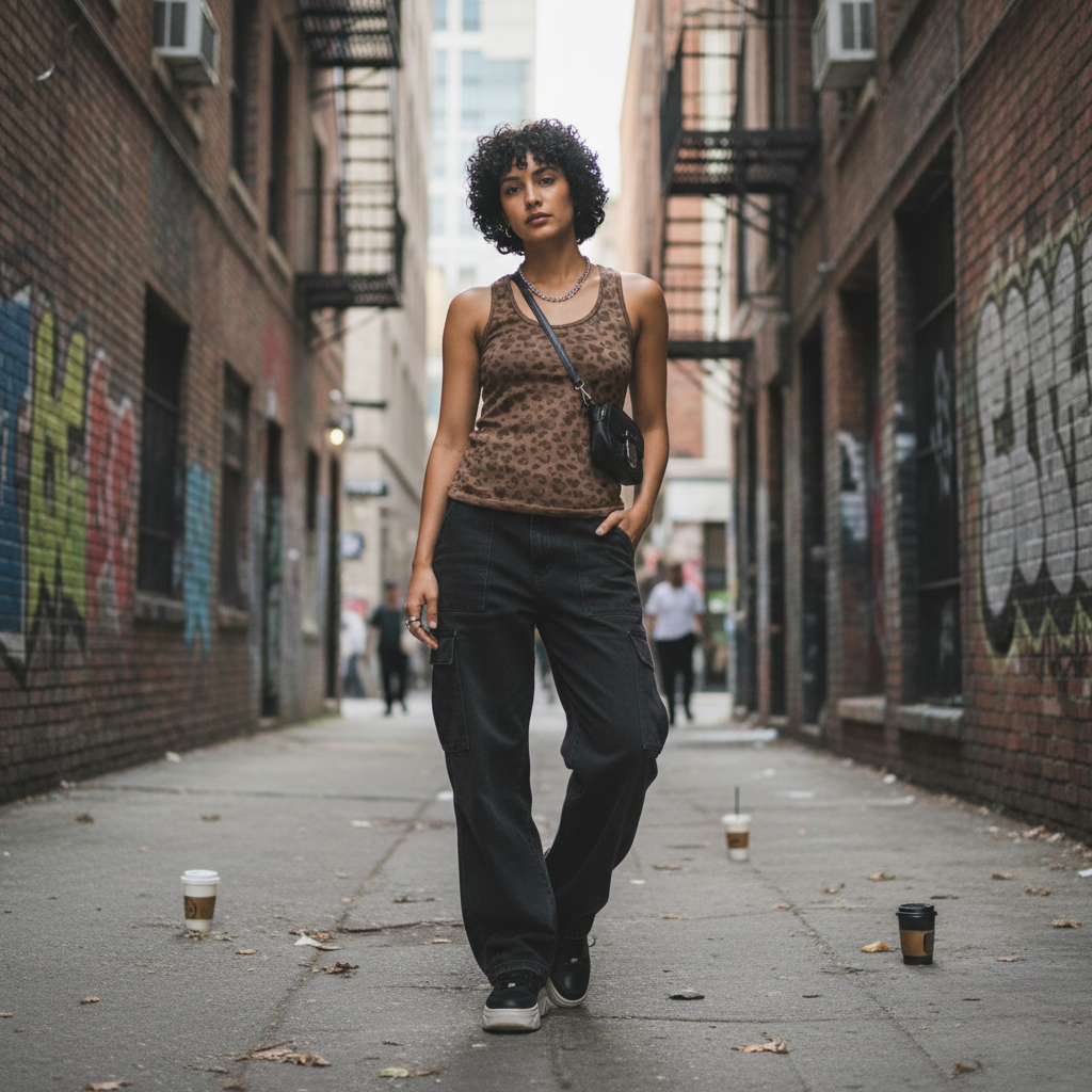 Urban Fashion & Streetwear | Craftklart leopard print tank top worn by a woman in a city alleyway.