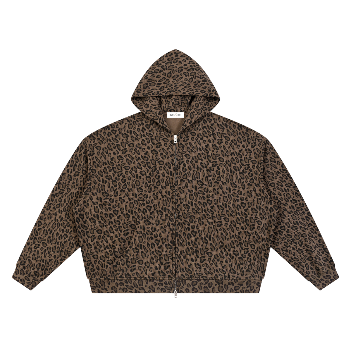 Urban Fashion & Streetwear | Craftklart leopard print waffle-knit full-zip hoodie with a relaxed fit and ribbed hem.