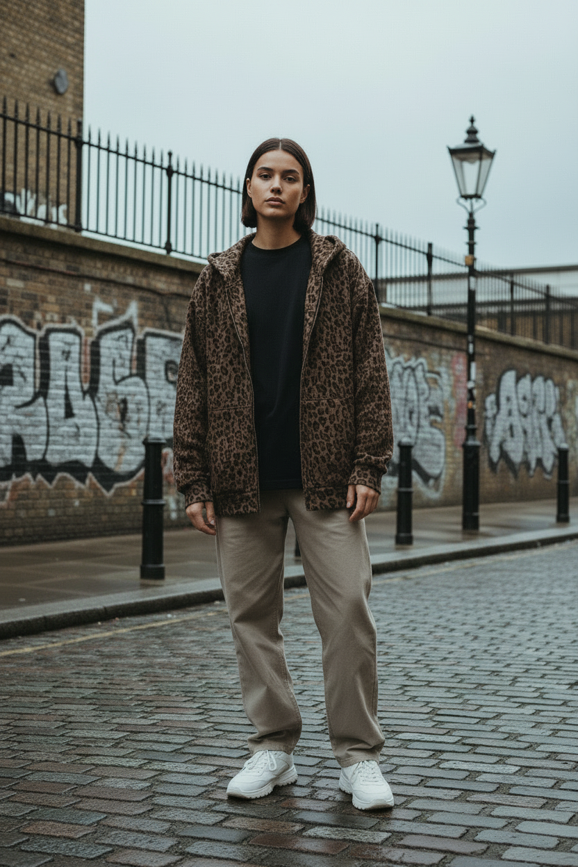 Craftklart Graphic Zip-Up Hoodie — Urban Leopard Print Waffle Knit