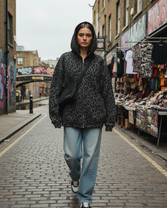 Craftklart Graphic Zip-Up Hoodie — Urban Leopard Print Waffle Knit