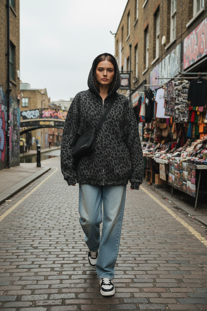 Craftklart Graphic Zip-Up Hoodie — Urban Leopard Print Waffle Knit