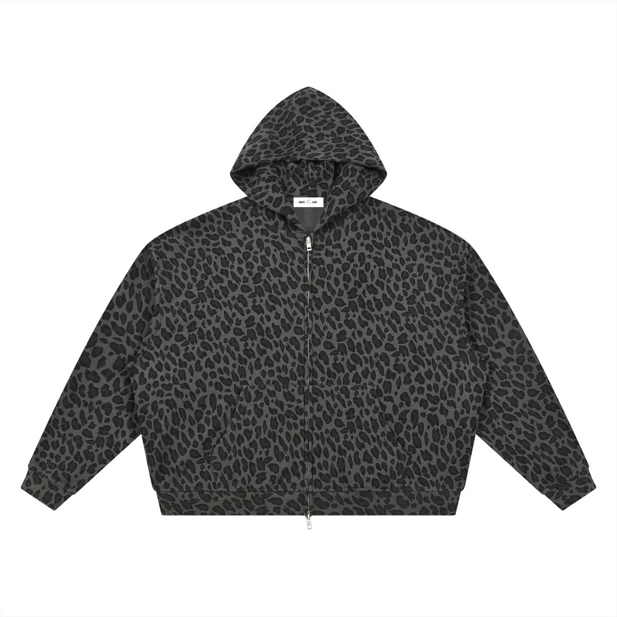 Urban Fashion & Streetwear | Craftklart leopard print waffle-knit full zip hoodie with a relaxed fit and hood.