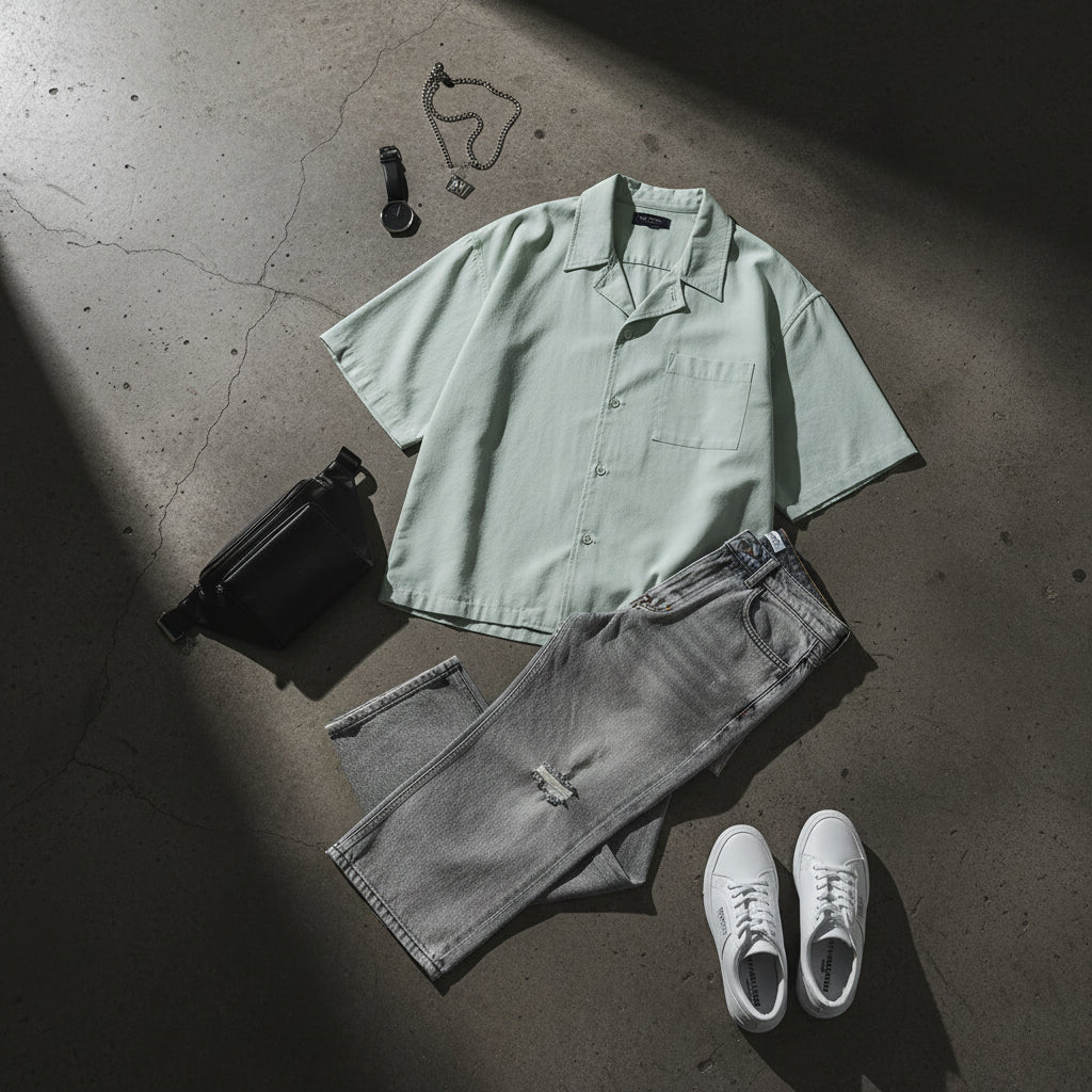 Urban Fashion & Streetwear | Craftklart light green cotton Cuban collar shirt with a chest pocket and clean fit.