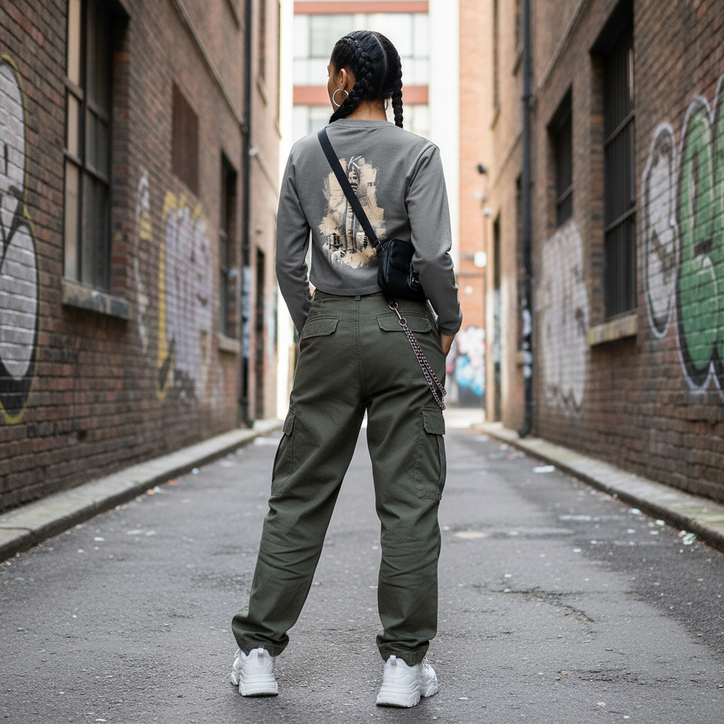Urban Fashion & Streetwear | Craftklart long sleeve slim crop t-shirt with back graphic in an urban alleyway