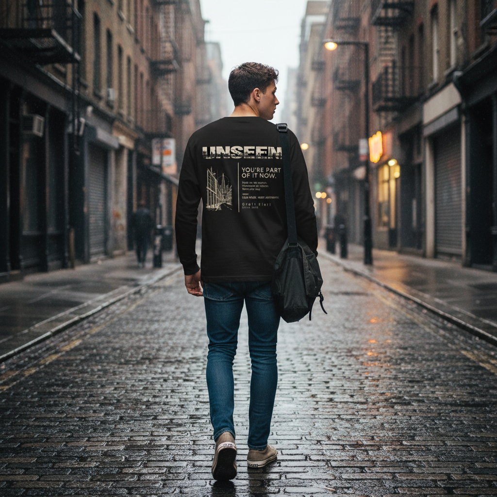 A man wearing an Urban Fashion & Streetwear | Craftklart long sleeve graphic tee with a vintage wash in a city alley.
