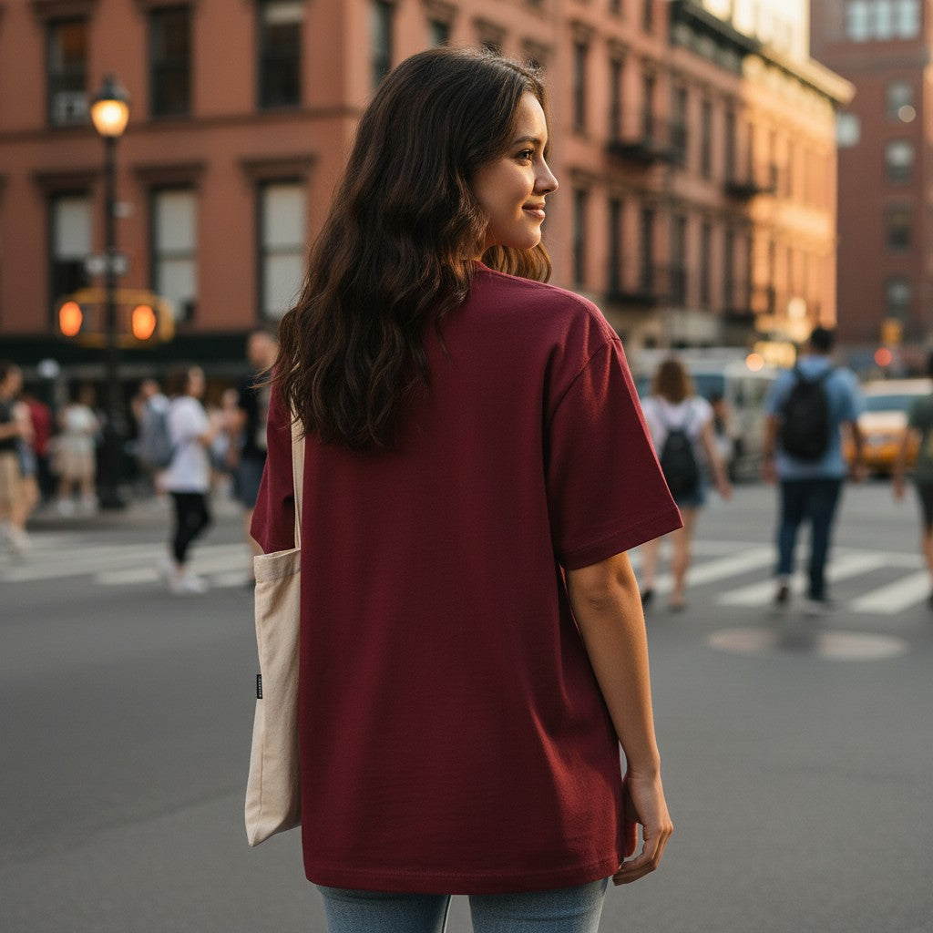 Woman wearing a maroon Urban Fashion & Streetwear | Craftklart heavyweight cotton t-shirt on a city street.