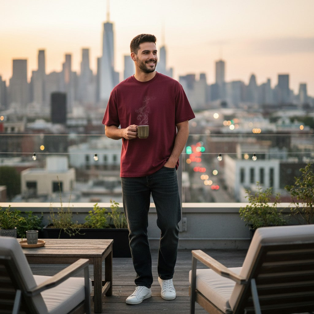 Urban Fashion & Streetwear | Craftklart maroon heavyweight cotton t-shirt worn by a man on a city rooftop at sunset.