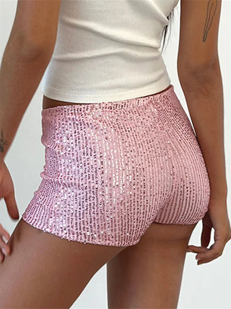 Maroon high-waist sequin shorts for women with elastic waistband, perfect for summer streetwear and urban fashion looks.