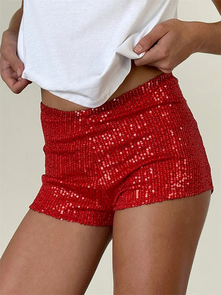 Maroon high-waist sequin shorts with elastic waistband, stylish streetwear for women, perfect for summer and casual outings.