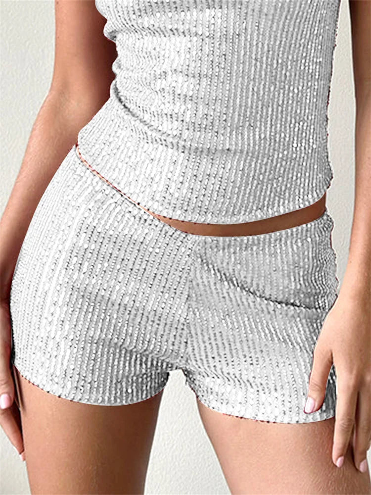 Maroon high waist sequin shorts with elastic waistband, stylish urban streetwear for women, perfect for summer fashion.