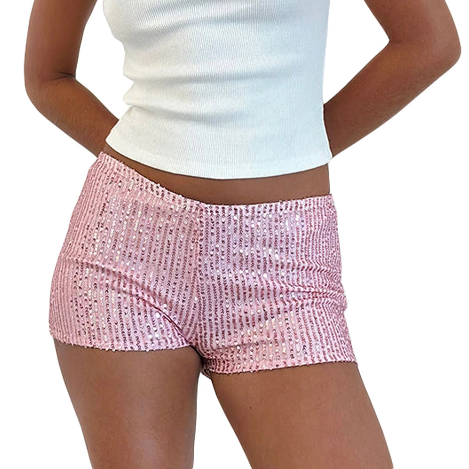 Maroon high-waist sequin shorts for women with elastic waistband and low-rise fit, perfect for summer streetwear fashion.