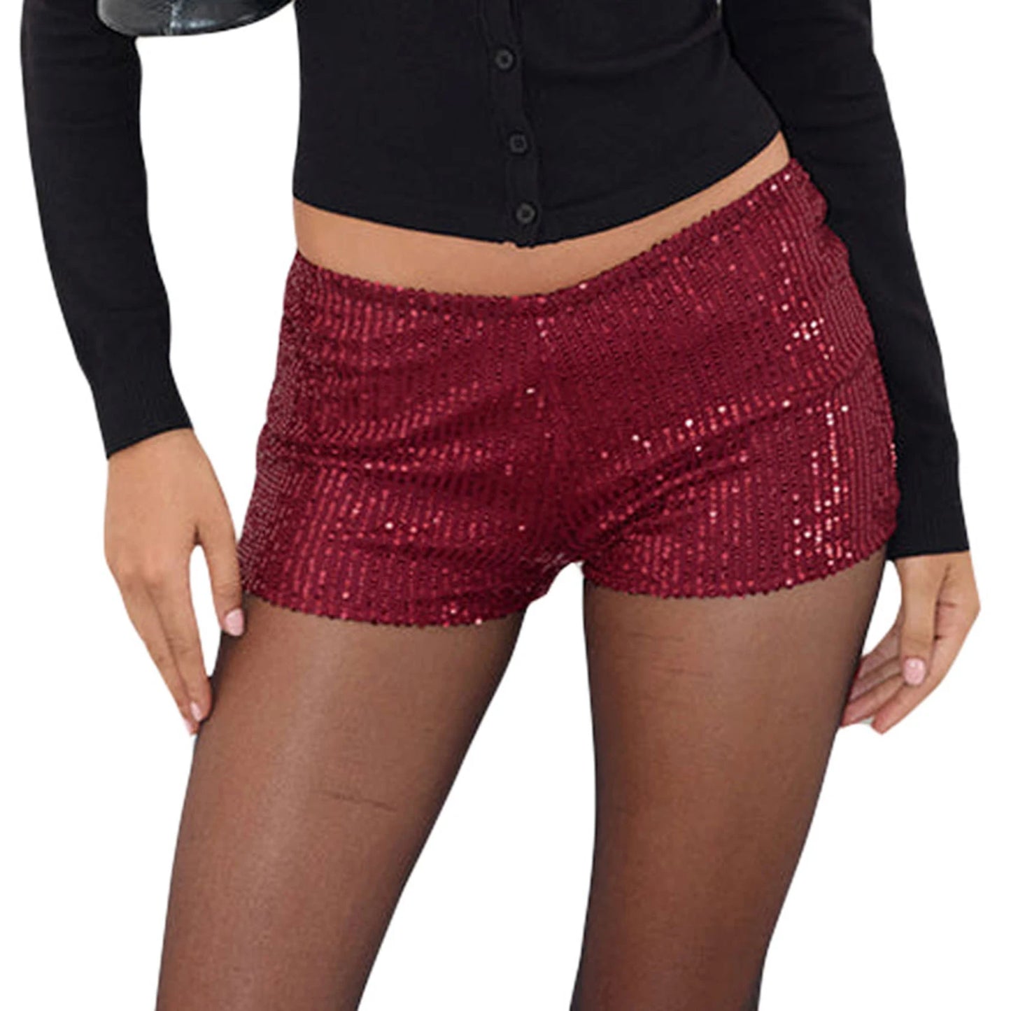 Maroon high waist sequin shorts for women with elastic waistband, perfect for summer streetwear and urban fashion styles.