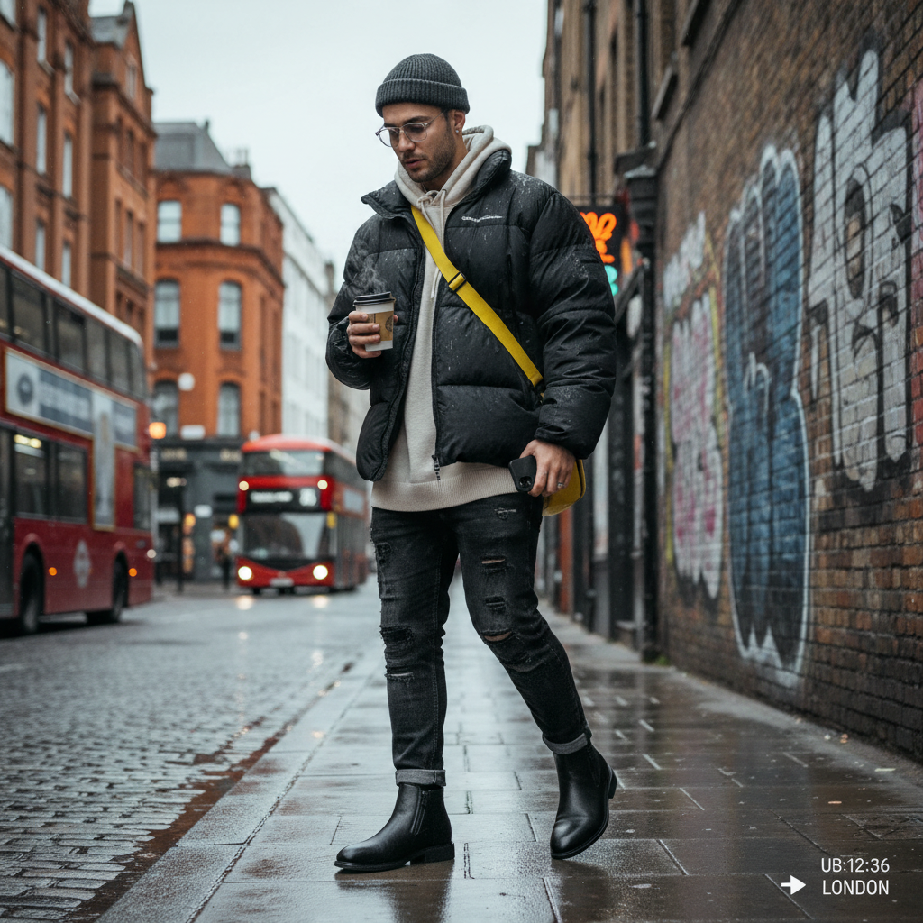 A man wearing Urban Fashion & Streetwear | Craftklart black ankle boots, puffer jacket, and jeans on a London street.